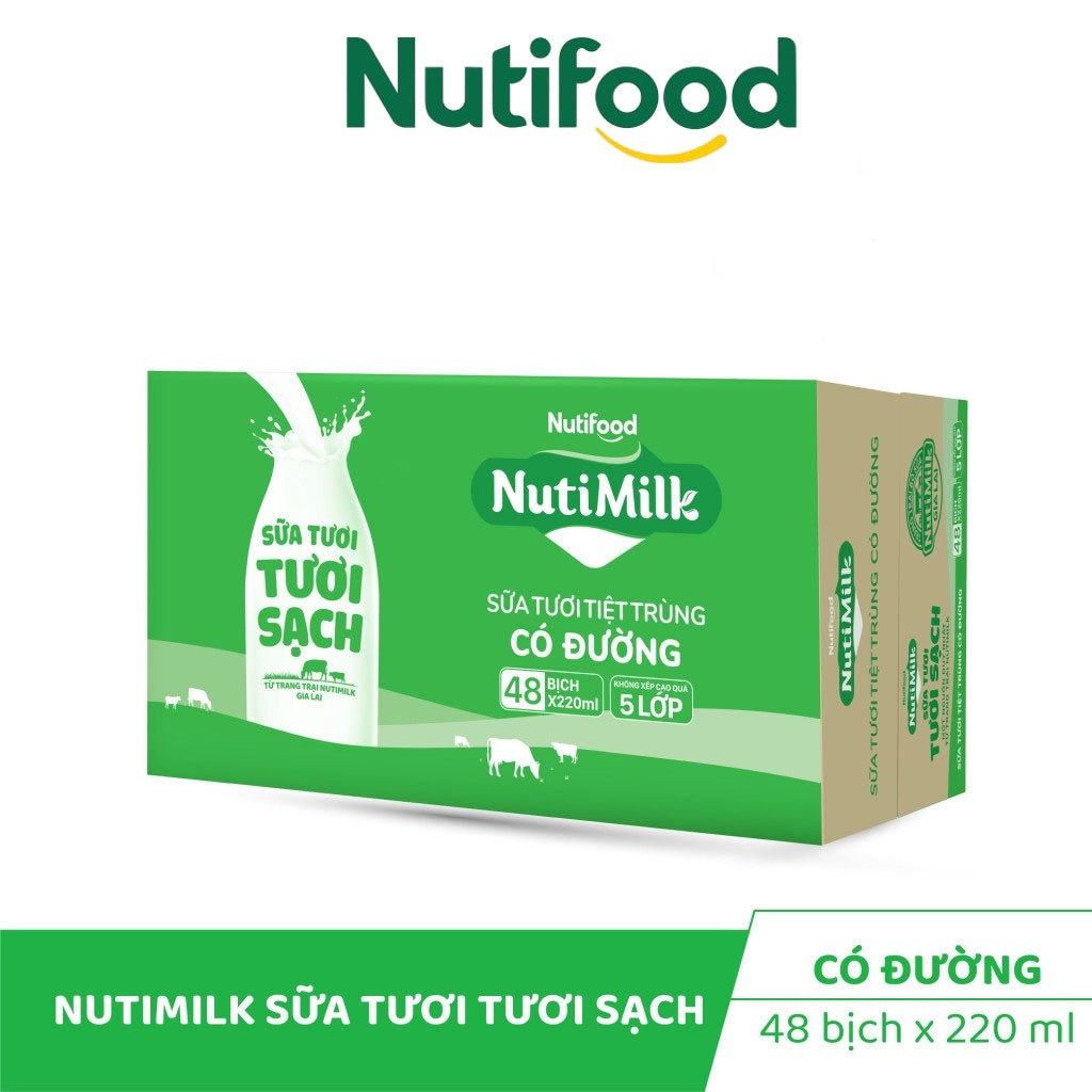(HỎA TỐC 4H) Thùng 48 Bịch 220mL Sữa Tươi Tươi Sạch NutiMilk Có Đường/ Ít Đường - SHOP SỮA NUTIFOOD