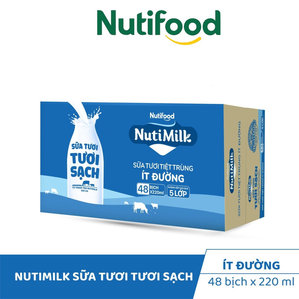 (HỎA TỐC 4H) Thùng 48 Bịch 220mL Sữa Tươi Tươi Sạch NutiMilk Có Đường/ Ít Đường - SHOP SỮA NUTIFOOD