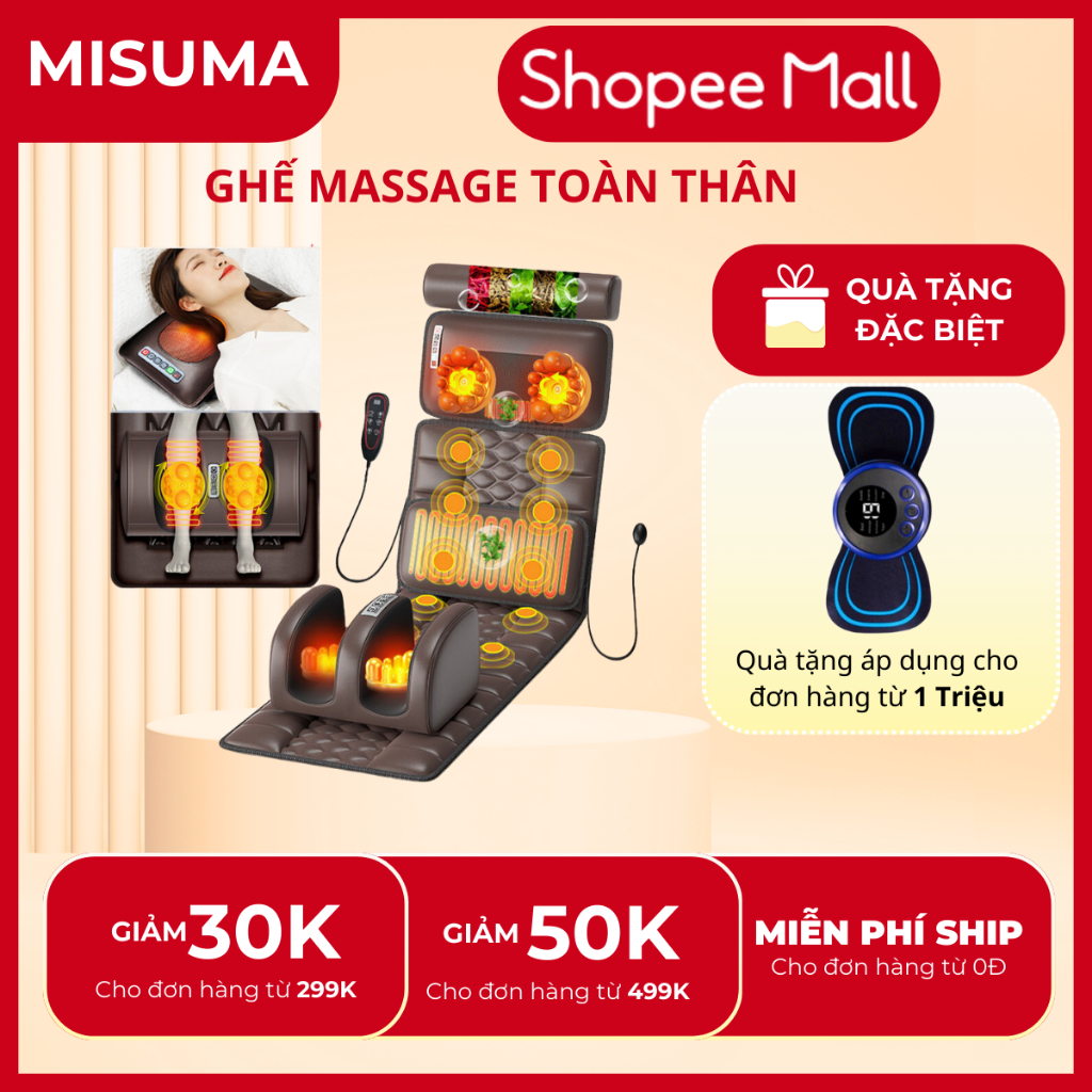 Nệm Massage toàn thân MISUMA kèm đệm massage chân 12 điểm, thảm ghế mát xa rung, làm ấm, hồi phục