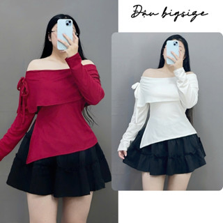 Set tiểu thư bigsize nữ áo trễ vai tay dài chất vải tăm mềm mịn kèm chân váy xòe chất xốp đũi - SET942 (G257+CV409)