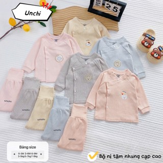 Bộ Quần Áo Dài Tay  Cạp Cao Nỉ Tăm UnChi Vạt Chéo  Khuy Bấm  Chất Vải Dày Mềm, Co Giãn, Cổ Cao Ấm Áp Cho Bé Từ 3-8.5kg [
