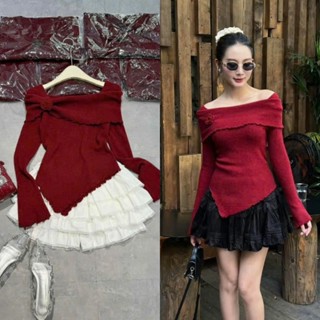 Áo len tay dài trễ vai hoa tông màu đỏ lên dáng cực xinh lung linh sang chảnh