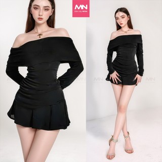 Set váy dự tiệc MINA phối áo trễ vai dài tay cùng chân váy xoè ngắn chất Thun Lazong quyến rũ MN263