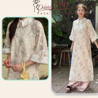 Set Áo Dài Cách Tân Tết Cổ Sen, Áo Dài Đỏ Mặc Tết Cổ Sen Hoa Nhí Kèm Quần ống Suông Đỏ Thiết Kế Đi Chơi Đi Tiệc