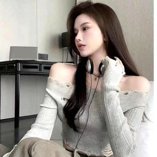 Áo len trễ vai tay dài croptop INFLACHI Phối Viền Rách Phong Cách HongKong Thời Trang Mùa Thu Cho Nữ N59 CT