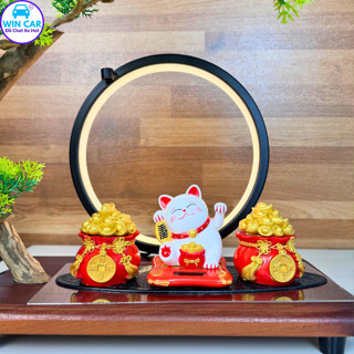 Sét tài lộc 2 hũ vàng mix mèo (size M) thần tài vẫy tay, dùng trang trí xe ô tô, phòng khách, bàn làm việc, phòng bếp