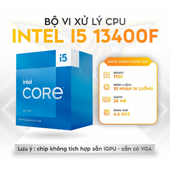 CPU Intel Core i5-13400F TRAY (up to 4.6Ghz, 10 nhân 16 luồng, 20MB Cache, 65W)