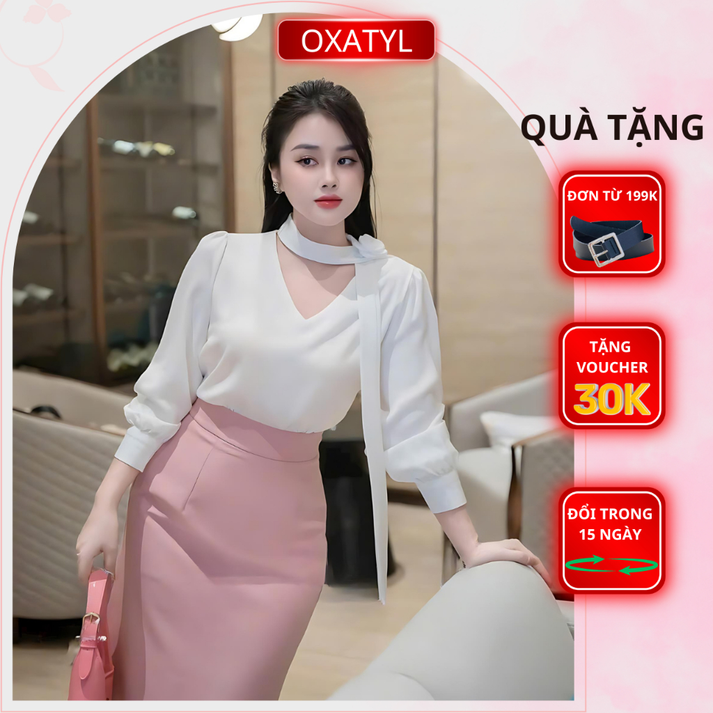Áo sơ mi kiểu cổ V kèm hoa thời trang công sở chất liệu vải lụa cao cấp Oxatyl A621 áo kiểu dài tay