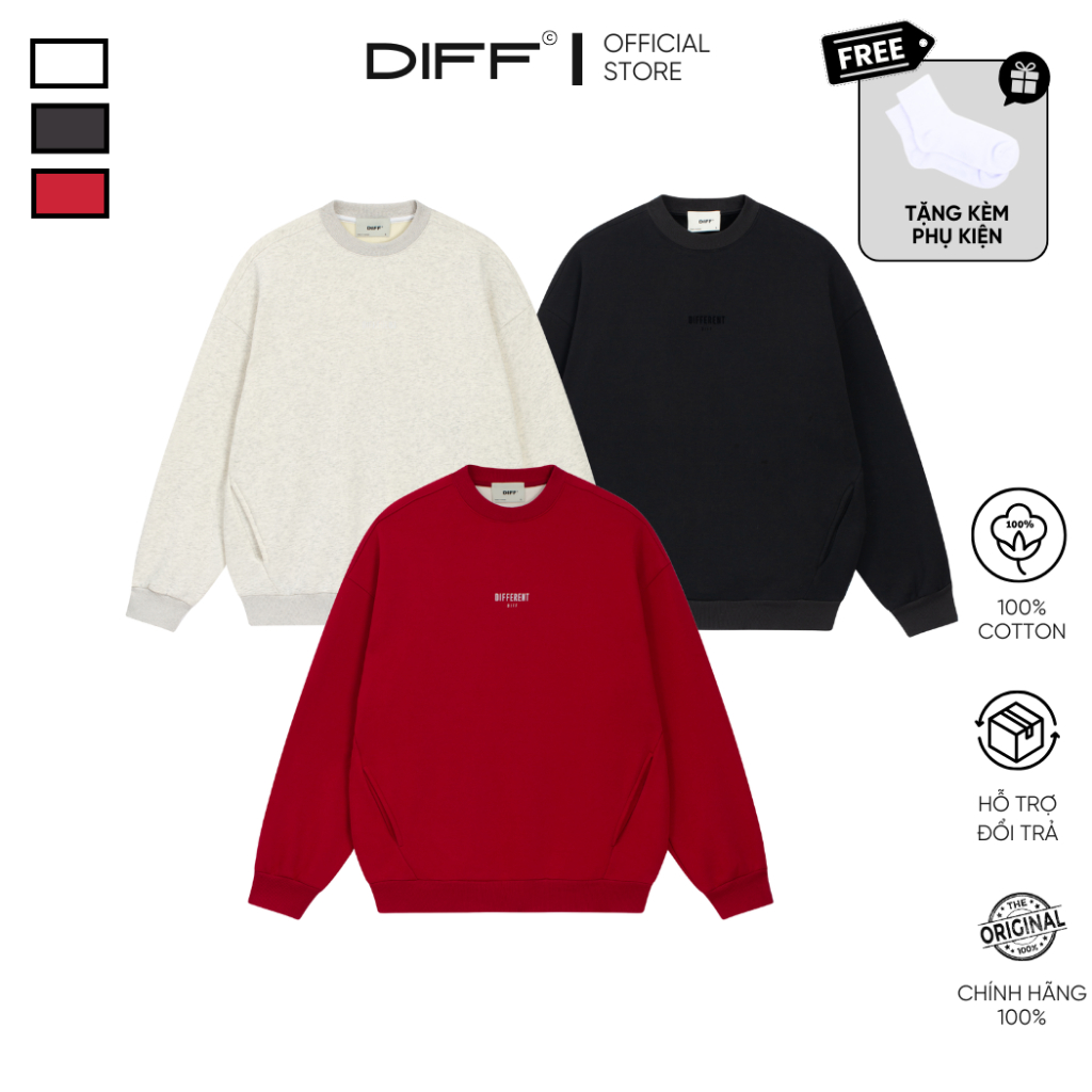 DIFF| Áo Sweater nỉ 2 da 350GSM túi giấu 2 bên in cao thành bề mặt nhung mịn form oversize unisex