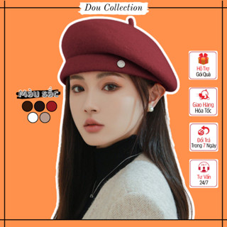 Mũ Nồi Unisex Nữ, Nón Beret Retro Không Vành Trơn Chất Nhung Phối Nút Và Đuôi Chóp Mũ Phong Cách Nhật Bản - Mã MN050