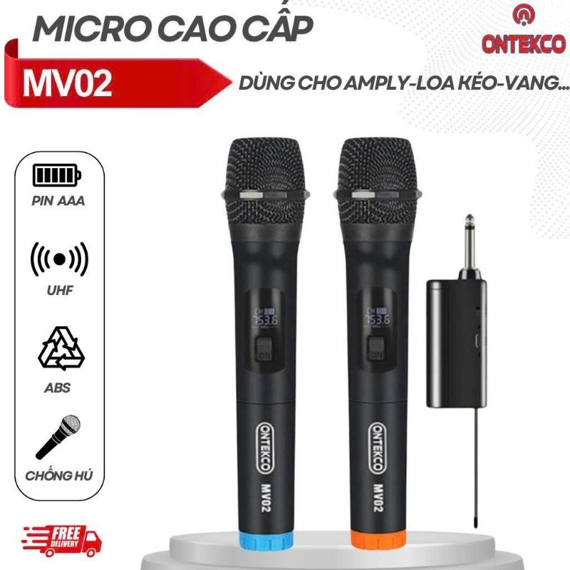 Bộ micro đôi không dây ONTEKCO MV02 hát karaoke gia đình chuyên nghiệp