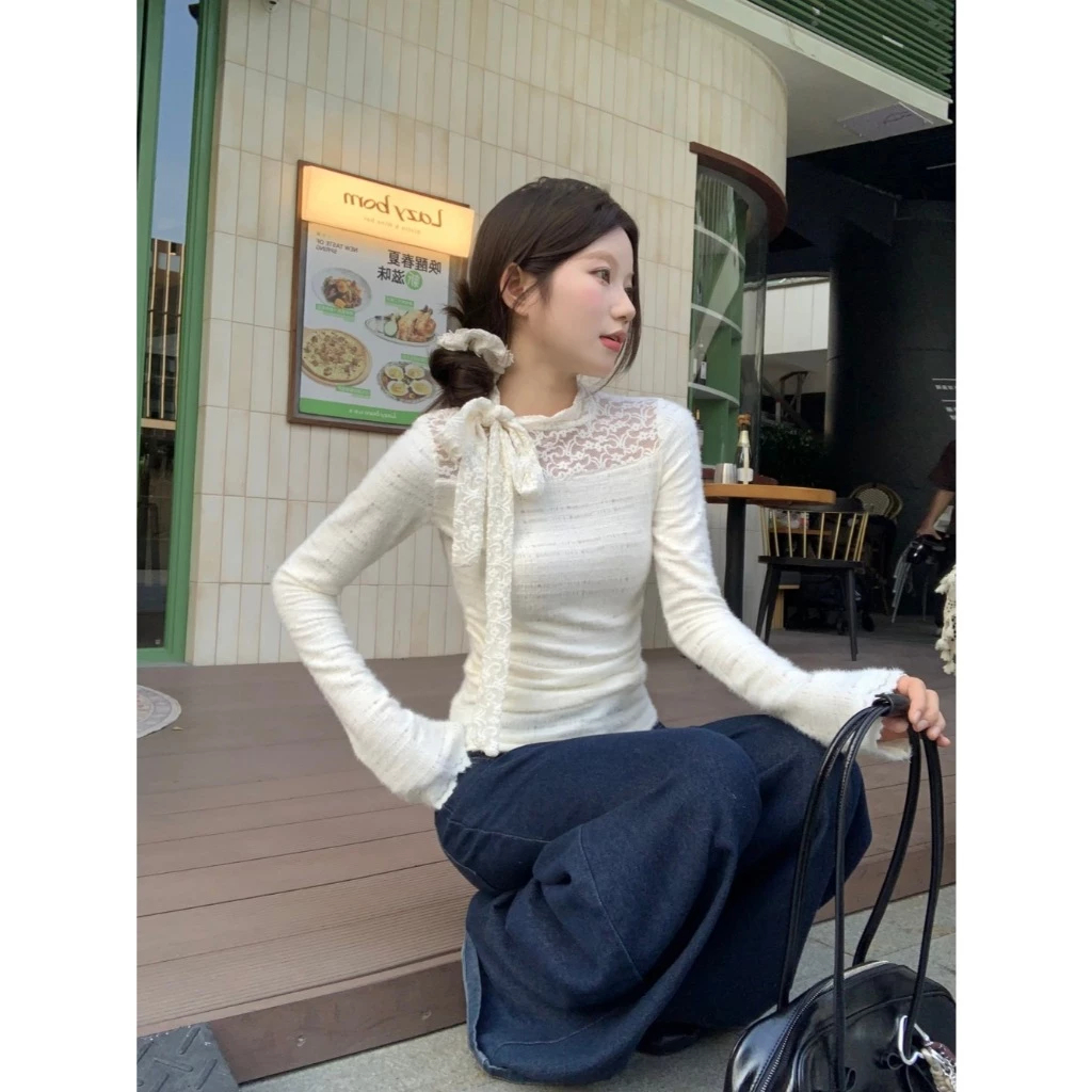 Áo thun tay dài áo thun ôm body áo thun trơn Cổ Tròn ren sang chảnh Bun222