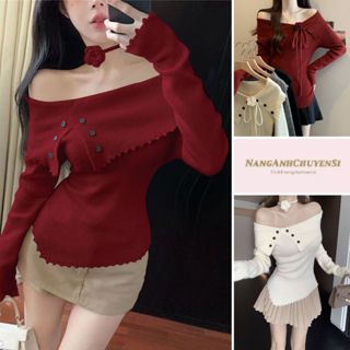 Áo Len Tăm Dáng Ôm Body (Kèm Charm Hoa), Len Trễ Vai Xẻ 2 Tà Hoạ Tiết Khuy Vạt Lệch Chất Len Gân Mềm Hàng Qccc Nanganhch