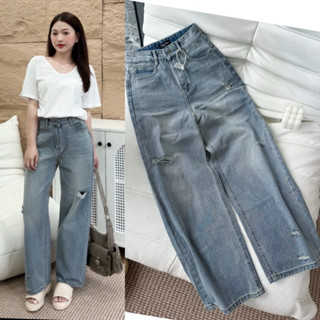 [Q69] Quần jean suông nữ phối rách màu xanh nhạt tôn dáng dành cho nấm lùn