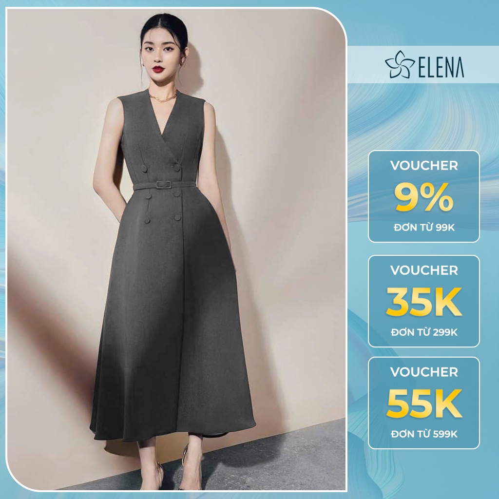 Đầm Vest Dài Công Sở ELENA Cổ V Sang Trọng Thiết Kế Dáng Xòe Dễ Mặc Thanh Lịch V32