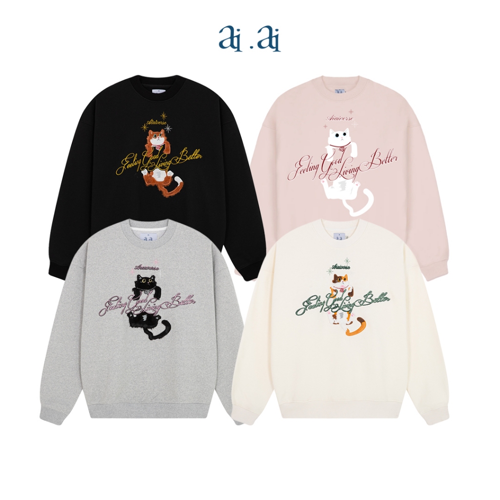 Áo sweater nỉ form rộng hình mèo "Miao" Sweater AIAI OFFICIAL thêu logo thương hiệu