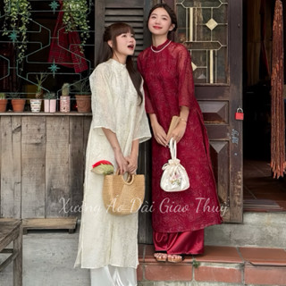 Áo dài voan tơ BỘI SAM thêu vân hoạ tiết hoa hồng siêu xinh