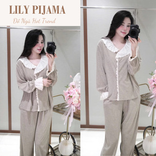  Đồ ngủ nữ tay dài cổ sen ren Lily đồ bộ nữ pijama mặc nhà chất liệu nhung ấm cổ bèo màu nâu nhạt chất mềm mịn HCOM3442 