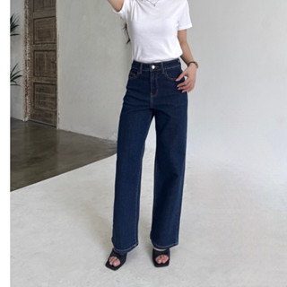 Quần Jean Nữ REDE LS-03A Ống Suông Rộng Vừa Co Giãn, Lưng Cao, Xanh Đậm Trơn Sang Trọng