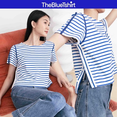 TheBlueTshirt - Áo thun sọc tay ngắn thiết kế cúc ở 2 bên áo cho nữ - Line T Signature Blue Stripe - Women