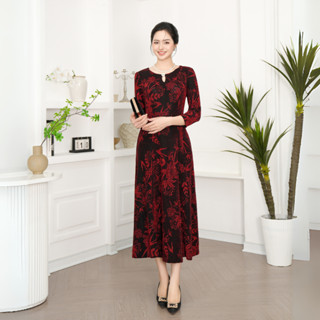  Đầm trung niên nữ thiết kế LYBEE LV955 cổ tròn thời trang chất thun kim sa ánh nhũ co giãn cao cấp 