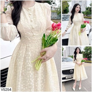 V5254 Váy Ren Phối Tơ Hoạ Tiết Nổi Tay Bồng Tiểu Thư- Chính Hãng DVC