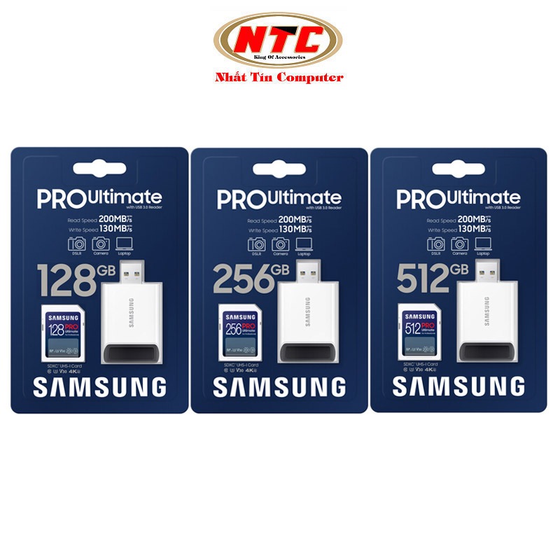 Thẻ nhớ Máy Ảnh SDXC SAMSUNG PRO Ultimate kèm đầu đọc cổng USB - chuẩn UHS-I U3 V30 4K đọc 200MB/s ghi 130MB/s (xanh)