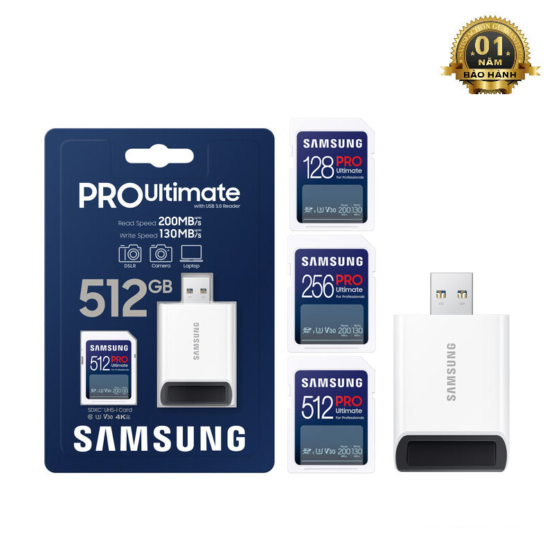 Thẻ nhớ Máy Ảnh SDXC SAMSUNG PRO Ultimate kèm đầu đọc cổng USB - chuẩn UHS-I U3 V30 4K đọc 200MB/s ghi 130MB/s (xanh)