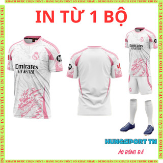 Real Madrid trắng hồng quần áo bóng đá in tên, in nhiệt không bong tróc, mực in sắc nét,bền màu chuẩn font HUNGSPORT TN