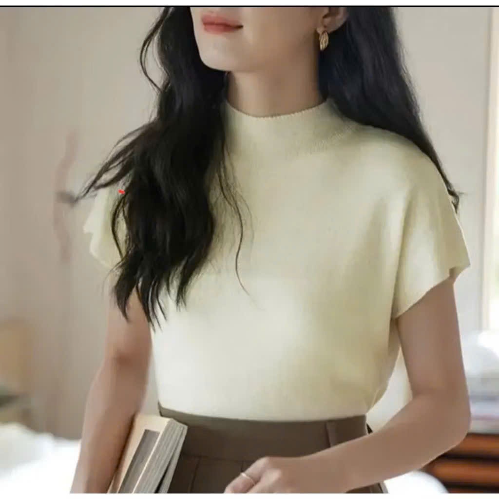 Áo len tay hến  kiểu cổ lọ 3 phân nữ len lông thỏ siêu mềm mịn, Áo thun dệt kim tay ngắn hàng QC cao