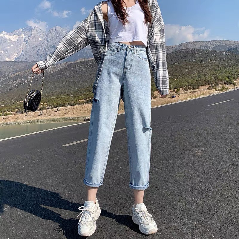 Quần Jeans Baggy Nữ Phong Cách Hàn Quốc, Kiểu Rách Cạnh Đủ Size 53-90kg
