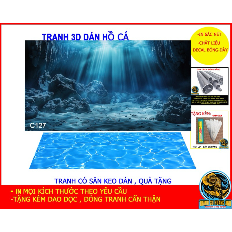 Tranh Lưng 3D Hồ Cá Nhiều Kích Thước C127 - Tặng Kèm Dụng Cụ Dán Tranh