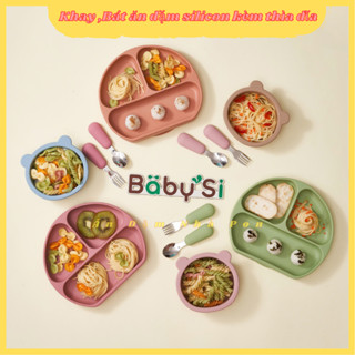 Bộ Khay Bát Ăn Dặm Silicon Cho Bé Ăn Dặm Có Đế Hút Chân Không Chống Đổ Kèm Thìa Nĩa Tập Xúc