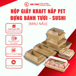 Set 100 Hộp Giấy Kraft Nắp PET Đựng Bánh Sushi Màu Nâu – Khôi Thịnh
