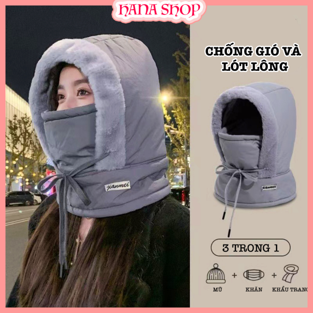 Mũ Phao Trùm Đầu Lót Lông Có Dây Rút Kèm Khẩu Trang Và Khăn Quàng Cổ, Mũ Nón Chống Lạnh Chống Nước Kiểu Dáng Thể Thao