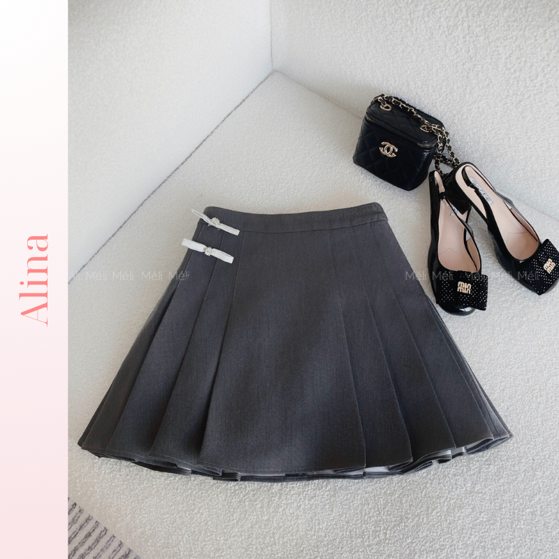Chân váy xếp ly nữ dáng chữ A đính nơ 2 lớp Chân váy bigsize ngắn màu xám xếp ly hai bên hông cạp ca