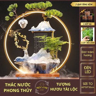  Thác nước phong thủy tượng hươu tài lộc decor tiểu cảnh kèm đèn led đặt bàn trà tặng sếp tân gia 