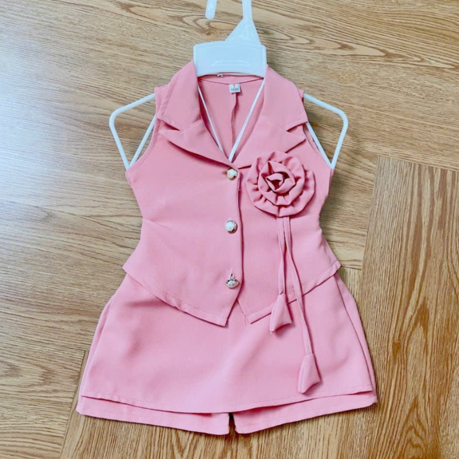 S276 Thiết kế áo gile cổ vest đính hoa tua rua kèm quần váy cho bé gái 8-32kg