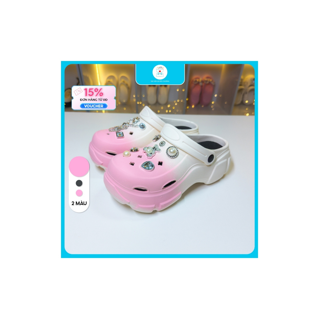Dép crocs nữ màu loang đế cao 7cm có đính charm mix trang trí, cros chống trơn trượt