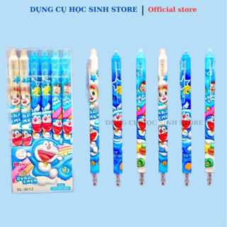 Hộp 12 cây Bút Gel Bấm Xóa Được ngòi 0.5 có hình Doraemon (Mực tím, xanh)