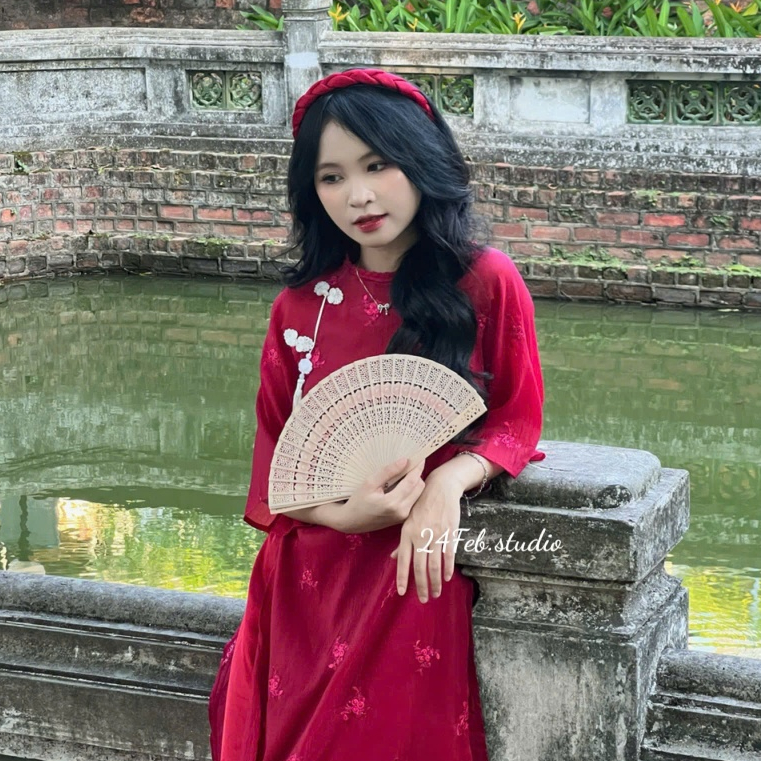 Set áo dài cách tân nữ 4 tà vải tơ thêu cổ tết tròn đính nơ hoa kèm quần lụa và bờm 24Febstudio AD05 | BigBuy360 - bigbuy360.vn