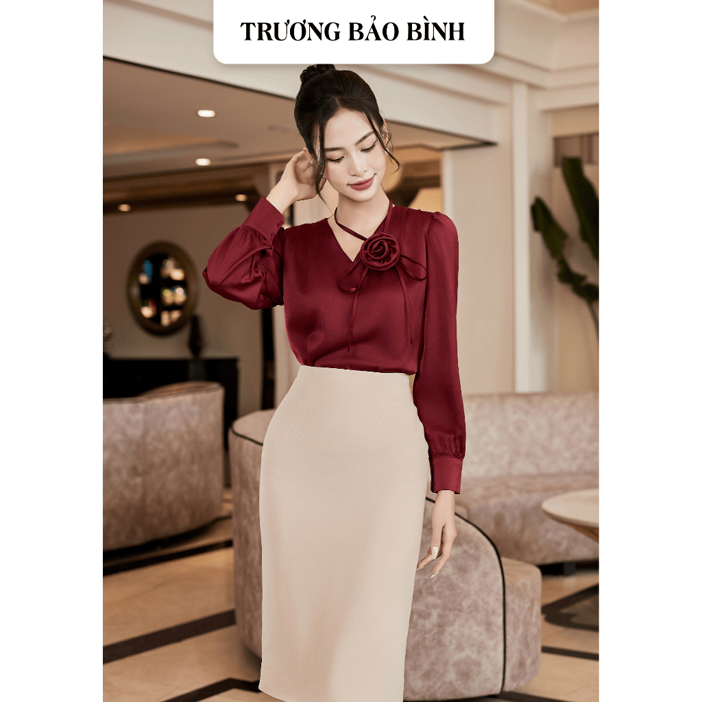 BA23.072 Áo sơ mi nữ thiết kế cổ V kèm nơ hoa sơ mi lụa mỹ áo công sở nữ - TRƯƠNG BẢO BÌNH