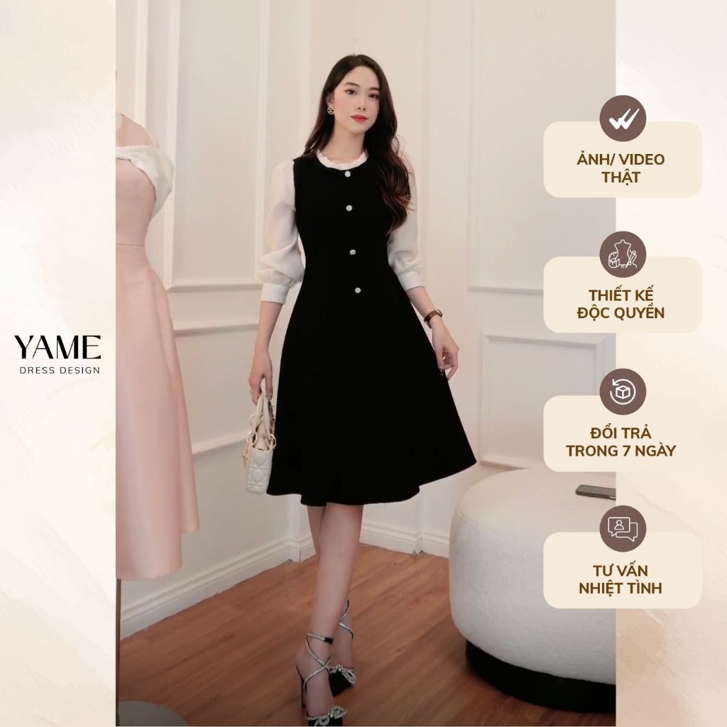 Váy nữ dáng xòe cổ tròn màu đen phối vải tơ đính nơ cổ viền ren YAME YV512