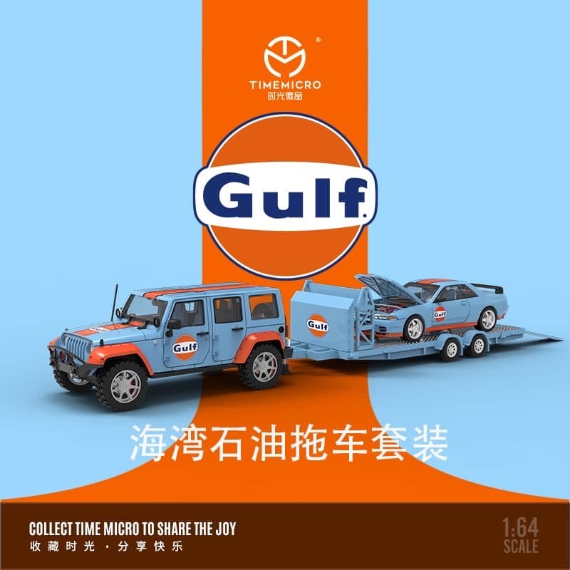MÔ HÌNH 1:64 TIME MICRO - Nissan GTR-R32 + Jeep + Trailer Gulf Livery