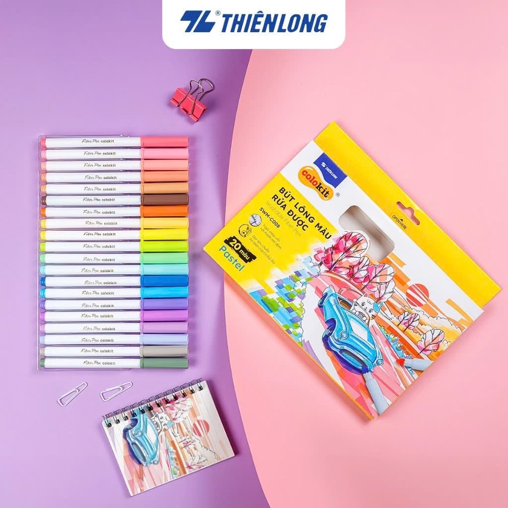 Bút Lông Màu Pastel Thiên Long Colokit SWM-C008 Fiber Pen 20 Màu Rửa Được, bút dạ highlight Pastel