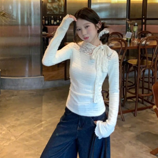 (ẢNH OLDSCHOOL) Áo ren lông thỏ mịn tay dài phối cổ nơ tháo rời A112