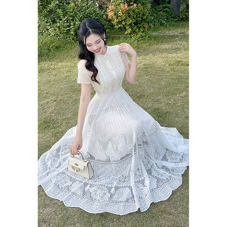 Đầm Váy trắng tiểu thư voan tơ phối ren hồ điệp cổ tàu tay ngắn xoè dài bigsize dự tiệc cưới cao cấp JUNA_N