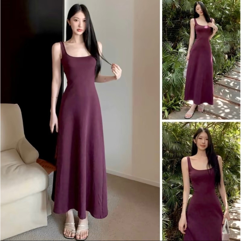 D139 Đầm váy maxi 2 dây nữ bản to dáng dài xòe tôn dáng chất vải thun tăm mịn co giãn