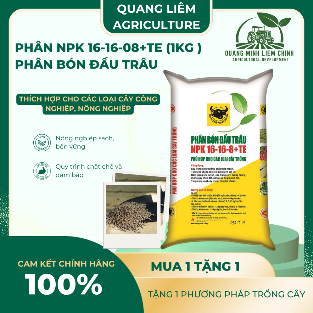 Phân Bón Đầu Trâu NPK 16-16-8+TE Túi 1KG (bán lẻ) - Nảy Chồi, Ra Hoa, Tăng Trưởng Mạnh