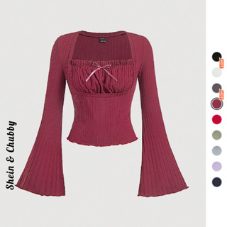 [Bigsize 55-85kg / Order] Áo cúp ngực bèo nơ Coquette tay loe dài cổ vuông form dài thanh lịch